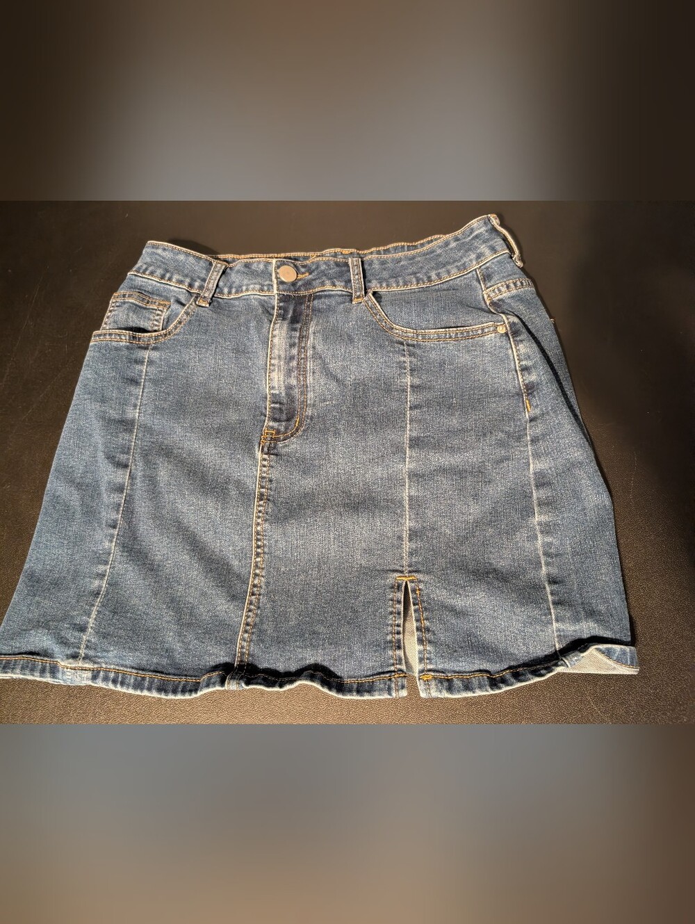 Cider Dark Blue Denim Mini Skirt with Front Slit